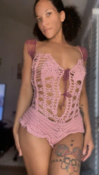 Handmade Crochet Spiderweb Ruffled Bodysuit with Mohair Details